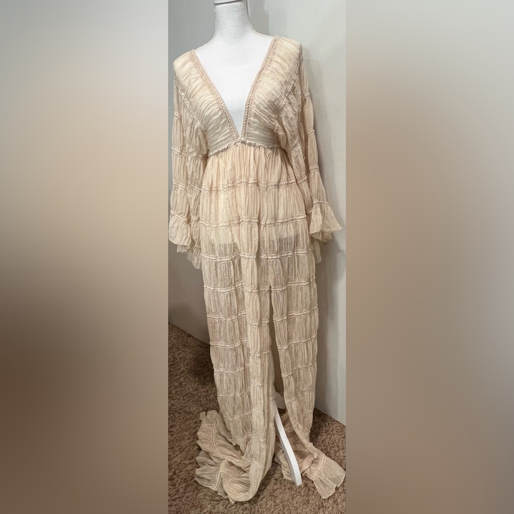 Elegant Beige V-neck maternity photography / baby shower dress, Size L